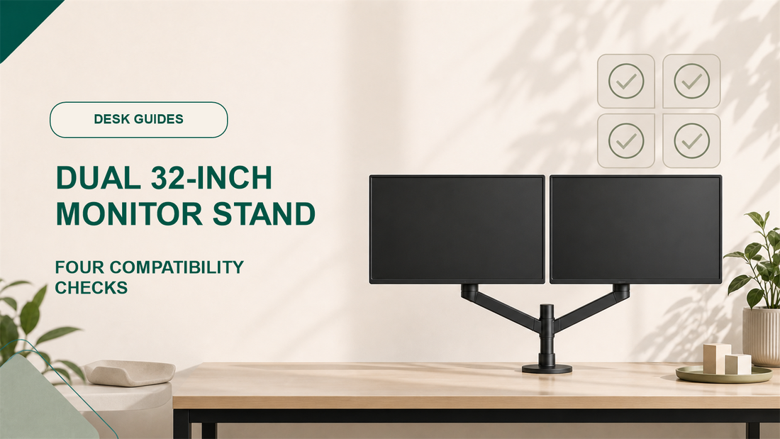 Desk Guides cover showing two generic monitors on a central dual-arm support with four compatibility check symbols.