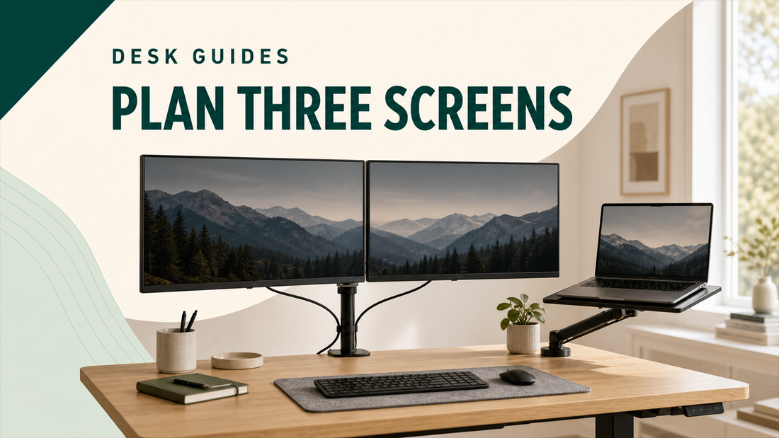 Dual monitors and a laptop tray illustrating a three-screen desk planning guide