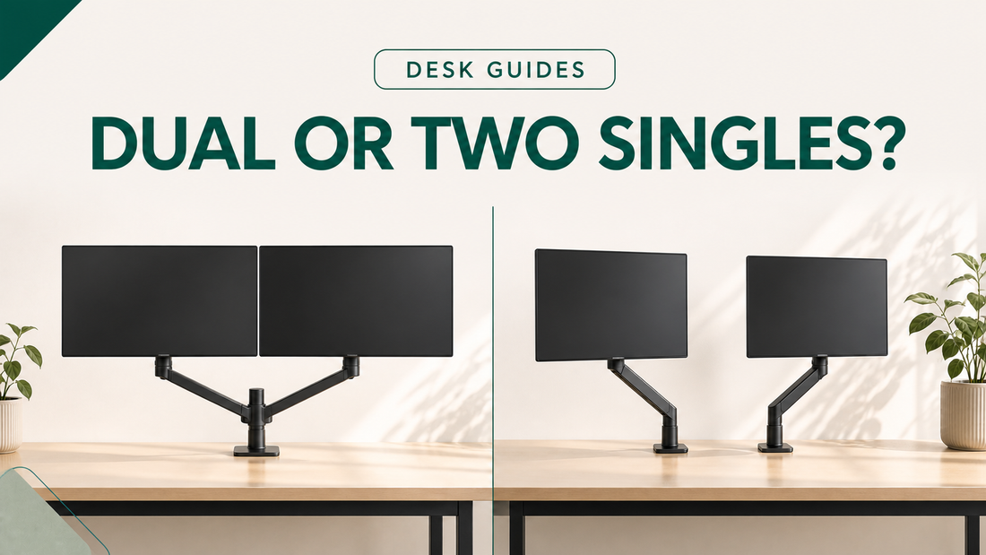 Dual monitor arm and two single monitor arms compared side by side