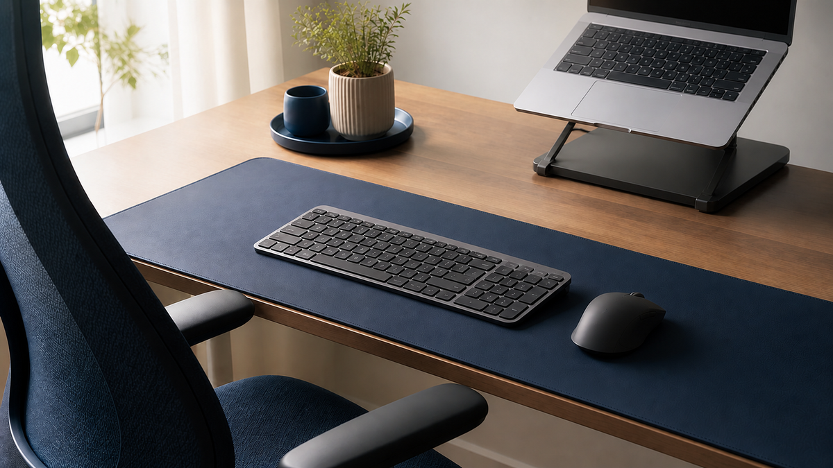 A calm desk setup with a keyboard and mouse aligned on a navy desk mat beside a laptop stand