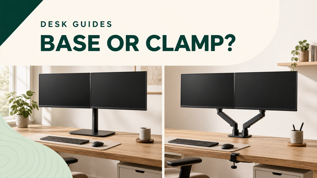 Freestanding dual monitor stand and desk-mounted arm shown side by side