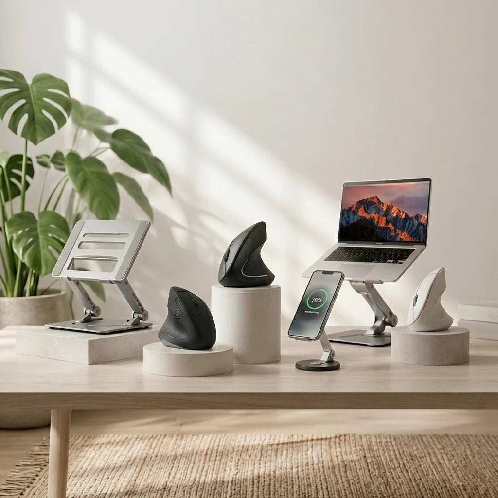 FormaDeskCo ergonomic workspace products including ergonomic vertical mouse, laptop stand, phone holder, and office desk accessories designed for comfortable home office setup and improved productivity